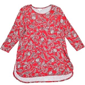 J Jill Size Small Red Paisley Tunic Top Women's Henley Hi Low Hem Partial Button